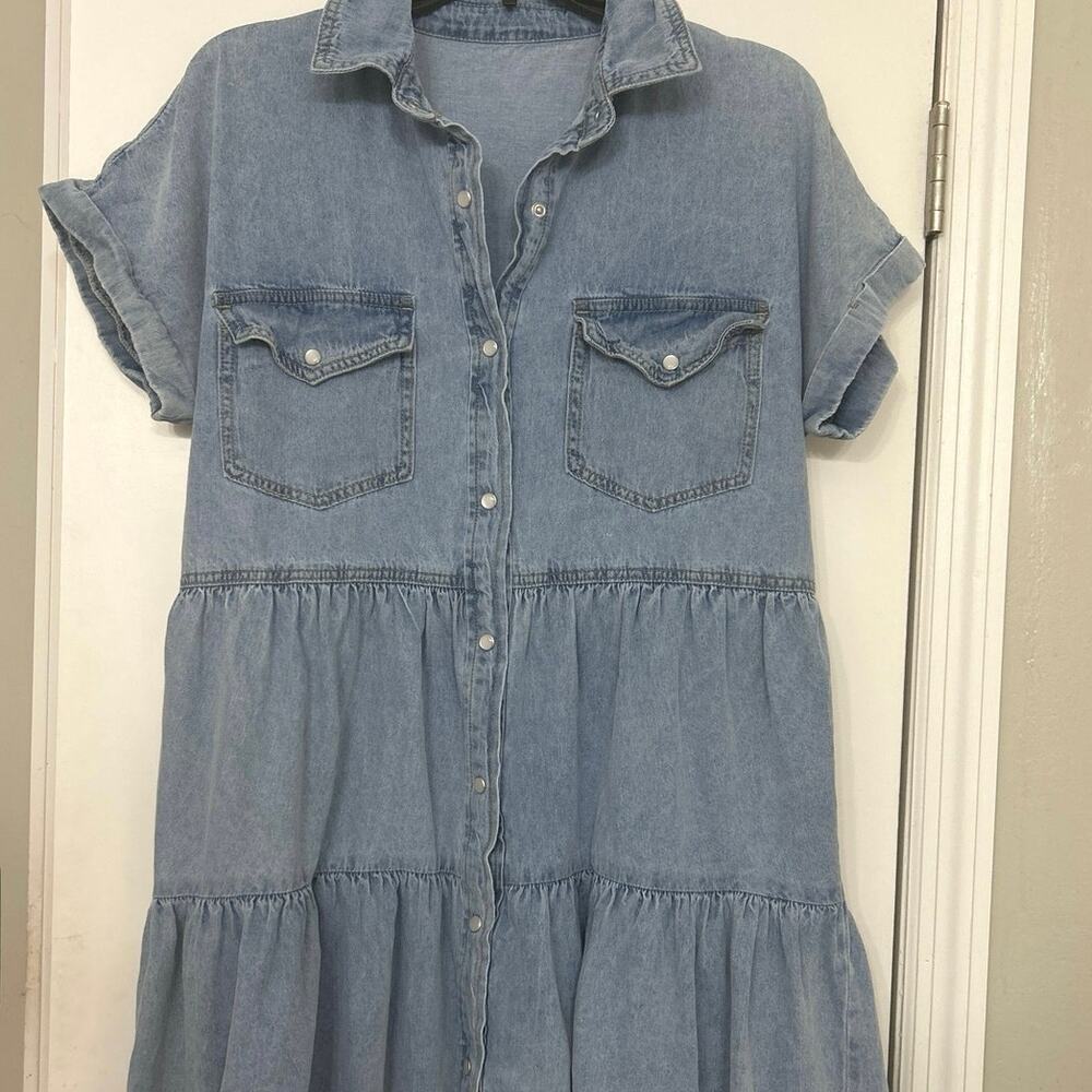 Denim Tiered Pearl Snap Boho Western Shirt Dress Country Concert Cowgirl Large - Picture 3 of 10